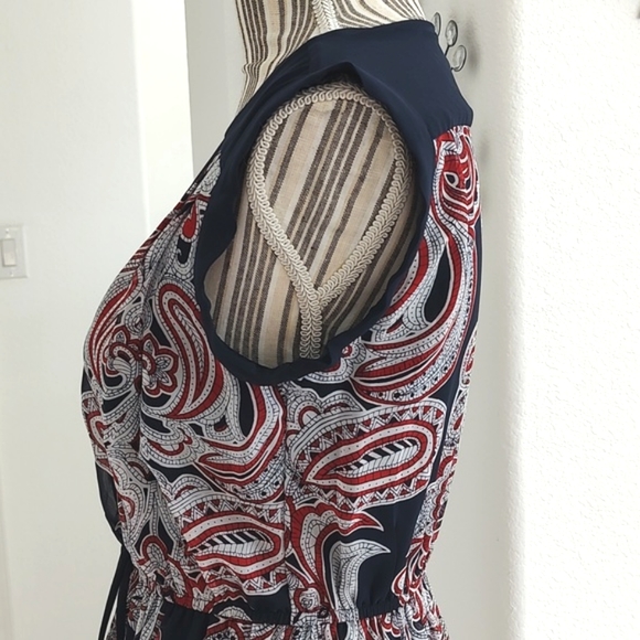Enfocus Studio Chiffon Navy Blue Red White Paisley Print V-Neck Dress Sz 4 / S - Picture 4 of 15